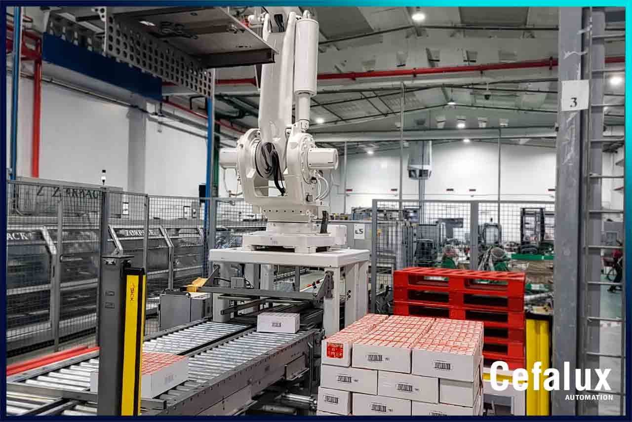 Automatización de paletizado de cajas para industria alimentaria, orientada a mejorar continuidad operativa, control de expedición y productividad.